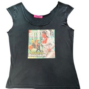 Betsey Johnson Betseyville Black Scoop Neck T-shirt with Colorful Retro Graphic